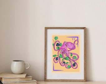 May include: A framed print featuring a purple octopus intertwined with green leafy branches and dark berries on a light orange background. The design includes the number 11 in the top right corner and a purple border, resembling a postage stamp.