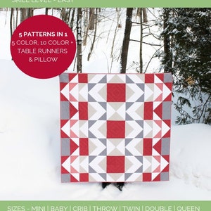 May include: A red, white, and gray quilt pattern called "Modern Aztec" with the text "5 patterns in 1, 5 color, 10 color + table runners & pillow" and "Sizes - Mini | Baby | Crib | Throw | Twin | Double | Queen".