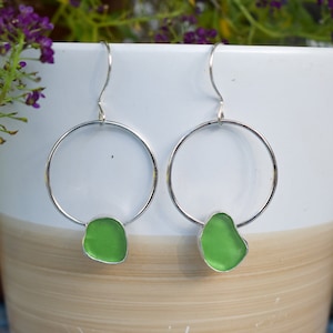 Sea Glass and sterling silver dangle earrings, green sea glass