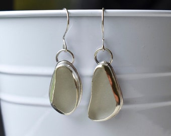 Sea Glass and sterling silver dangle earrings, White Sea Glass