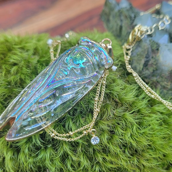 Iridescent glass cicada necklace