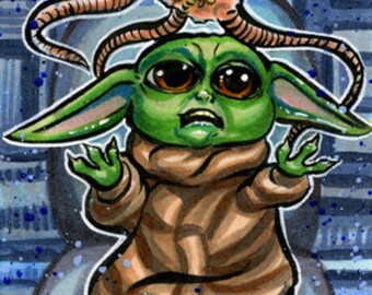 BABY YODA grogu mamacore Kawaii Chibi star wars original sketch art card aceo by Hochrein