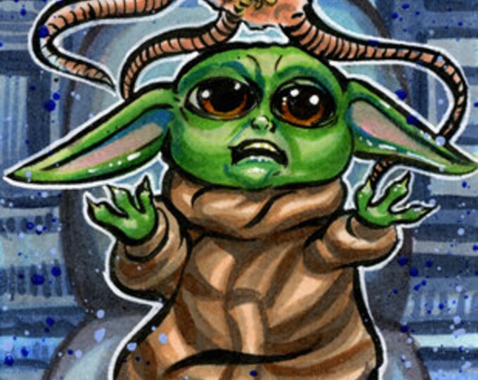 BABY YODA grogu mamacore Kawaii Chibi star wars original sketch art card aceo by Hochrein