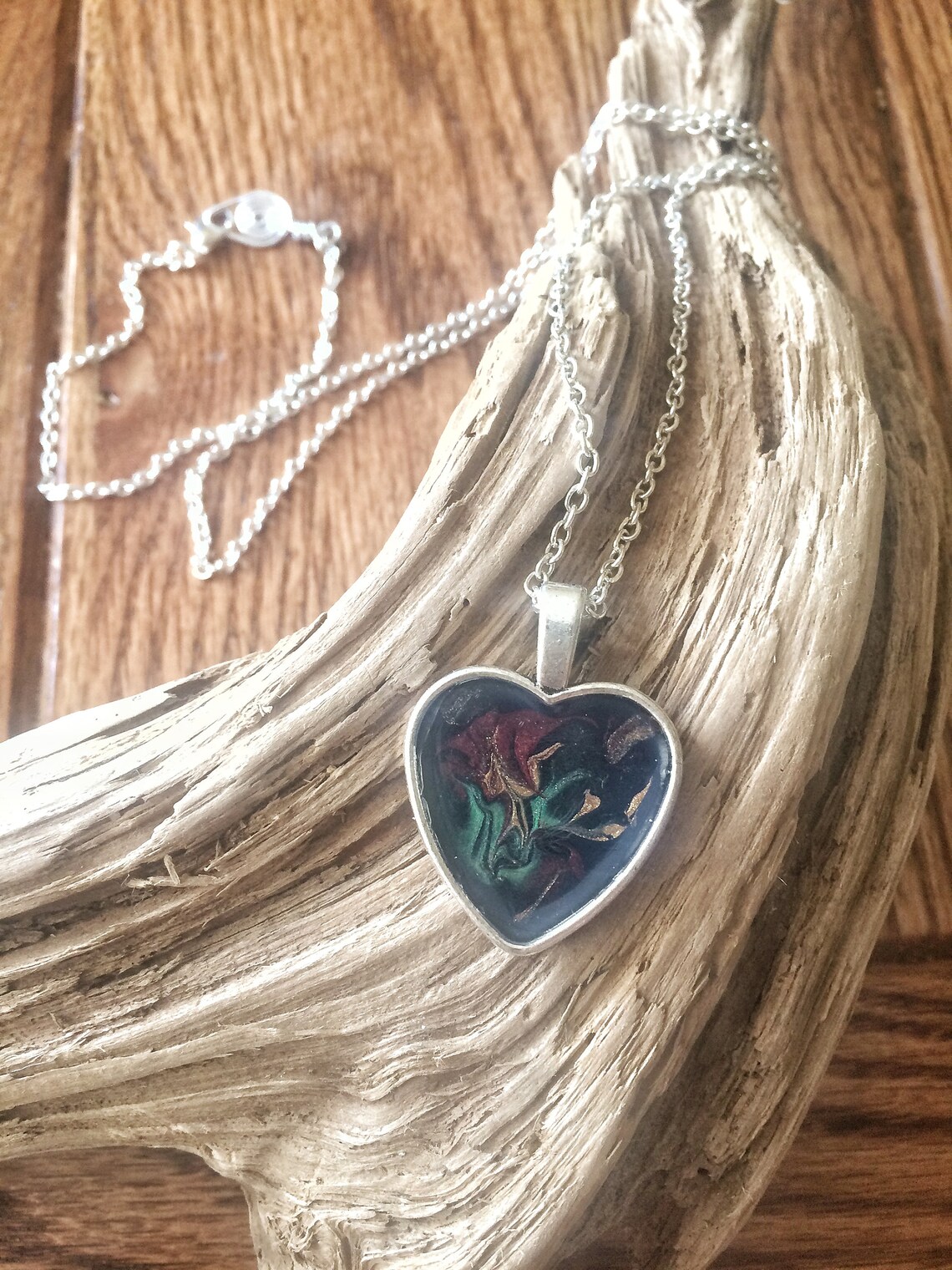 Silver Heart Pendant Necklace Painted Flower Necklace - Etsy Canada