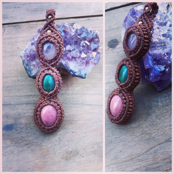 Macrame LOVE pendant! * Rose Quartz, Chrysocolla, Rhodonite*