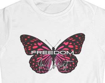 Christian Women&#39;s Softstyle Tee - Freedom in Christ T-Shirt with Butterfly Design, Religious Graphic Tee, Inspirational Shirt, Faith