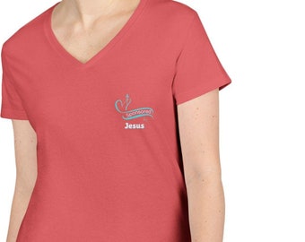 Sponsored by Jesus Ladies&#39; V-Neck T-Shirt, Christian Graphic Tee, Heart and Cross Design, Religious Clothing, Faith Apparel