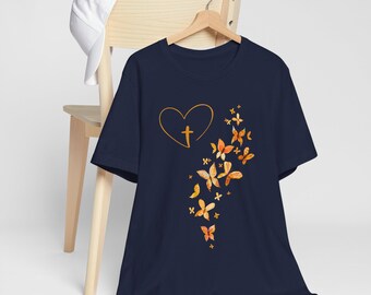 Camiseta cristiana: Cruz y mariposa, camiseta espiritual para mujer