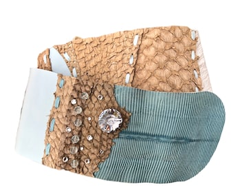 Handmade Patchwork Leather Belt: Fish, Ostrich, Crystal Accent