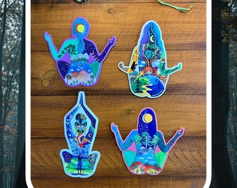 May include: Four colorful stickers featuring a person in a yoga pose with nature scenes inside their body. The stickers are on a wooden surface and the text "Nature Yogi Bundle" is below the stickers.