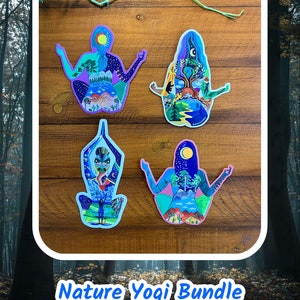 May include: Four colorful stickers featuring a person in a yoga pose with nature scenes inside their body. The stickers are on a wooden surface. The text "Nature Yogi Bundle" is below the stickers.
