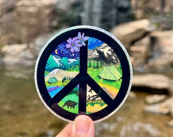 Adventure Sticker: "Peaceful Camper" / Peace Sign Sticker / Vinyl 3" Pixie Dust Glitter