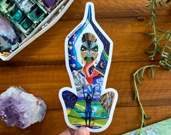 May include: A colorful sticker featuring a person in a yoga pose with a mandala design. The sticker has a blue, green, and yellow color scheme and includes the text "@abstract.hikes".