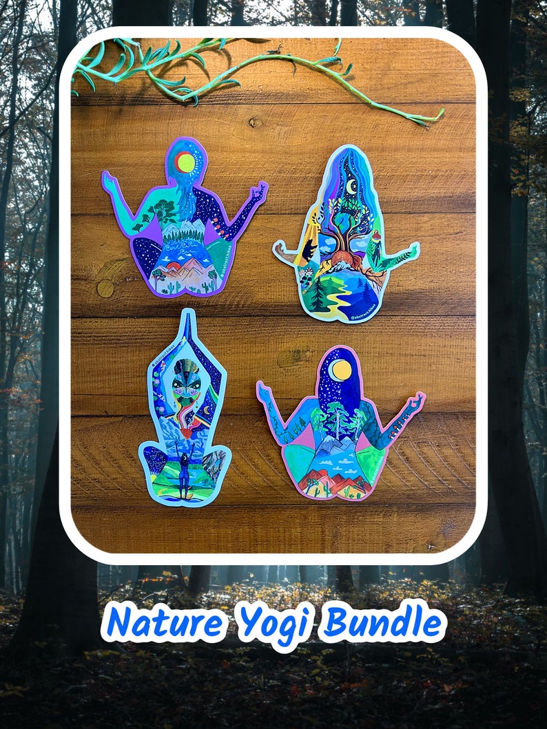 Puede incluir: Cuatro pegatinas coloridas que representan a una persona en una postura de yoga con escenas de la naturaleza dentro de su cuerpo. Las pegatinas est&aacute;n sobre una superficie de madera. El texto "Nature Yogi Bundle" est&aacute; debajo de las pegatinas.
