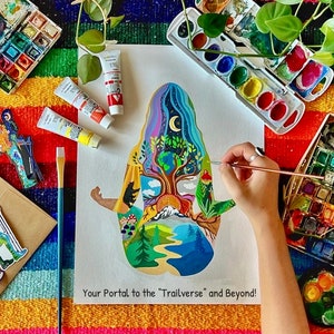 May include: A person paints a colorful illustration of a person with a tree growing out of their head. The illustration is surrounded by a variety of nature scenes, including mountains, rivers, and forests. The text "Your Portal to the "Trailverse" and Beyond!" is written at the bottom of the illustration.