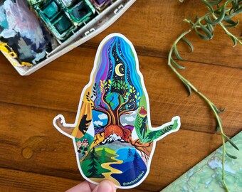 May include: A colorful sticker featuring a stylized human figure with a tree growing from their chest. The figure is surrounded by nature elements like mountains, a river, and a bear. The sticker has the text "@abstract.hikes" at the bottom.