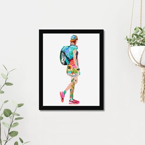 May include: A colorful illustration of a person wearing a backpack and a hat, walking with a nature-themed design on their clothing.