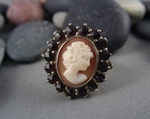 CLASSY CHIC Antique Genuine Bohemian Garnet 800 Sterling Ring Set with a Genuine Carved Shell Cameo Lady Portrait