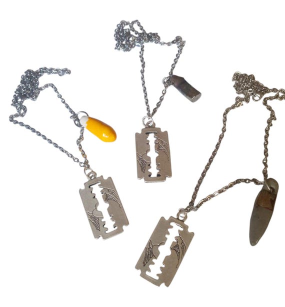 Men's Razor Blade Necklace: Metal Chain, Handmade Ceramic Accent