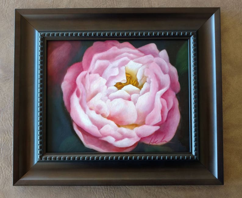 8 X 10 Framed 12 X 14 Pink Peony original oil painting on Birch Panel