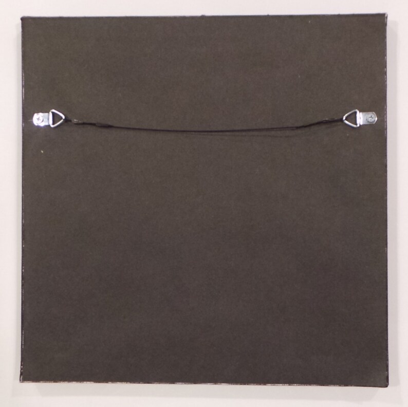 May include: The back of a framed picture with a dark brown frame and a black hanging wire with two metal hooks.