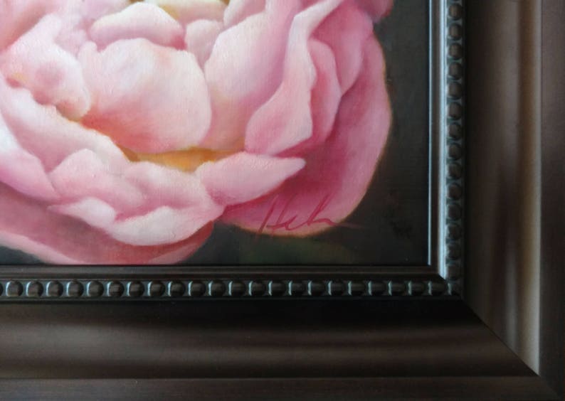 8 X 10 Framed 12 X 14 Pink Peony original oil painting on Birch Panel