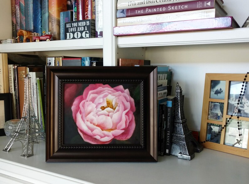 8 X 10 Framed 12 X 14 Pink Peony original oil painting on Birch Panel