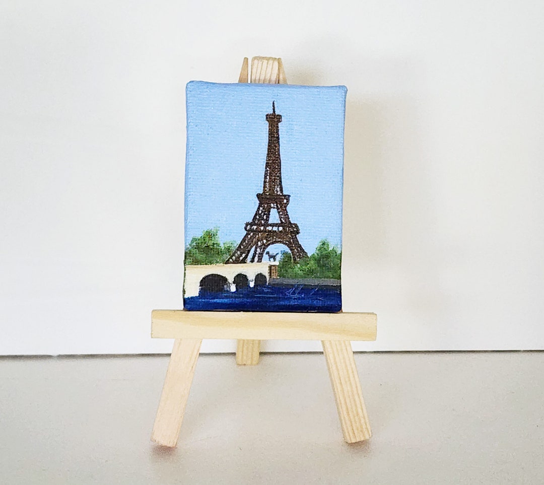 Eiffel Tower 3X2 In. Miniature Oil Painting on Tiny Canvas and Easel ...