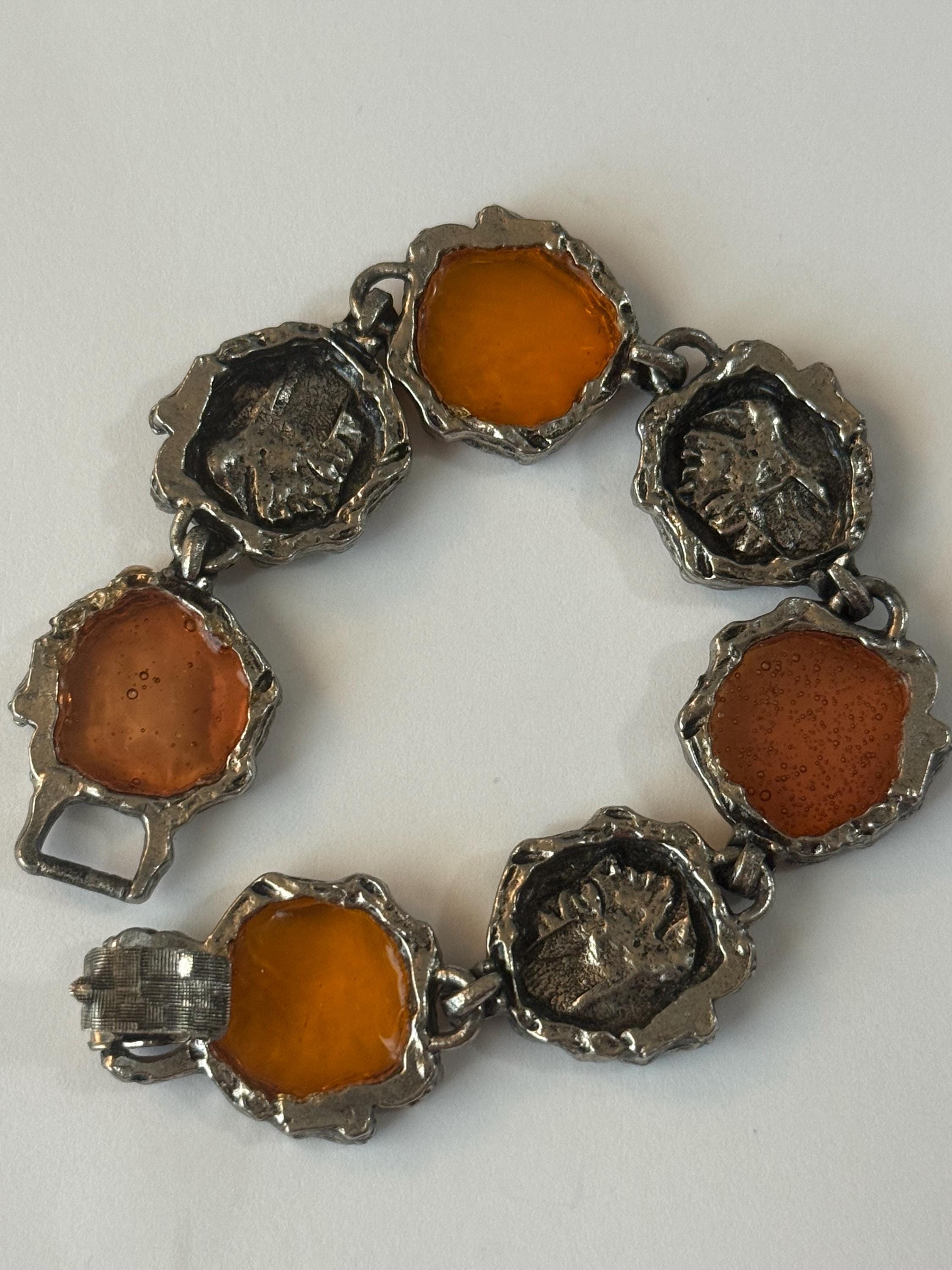 Athenian Athena owl coin bracelet orange glass resin 7 inch Silvertone Ancient Athens Greek inspired