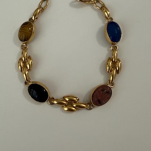 Egyptian revival gold tone beaded 4 carved scarab beetle bracelet 7 inches