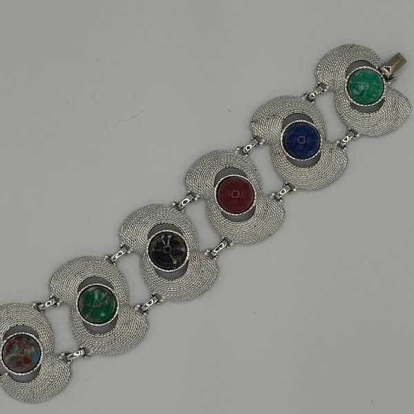 Vintage Sarah Coventry Silver-Tone Chunky Bracelet – Colorful Cabochons – 7"