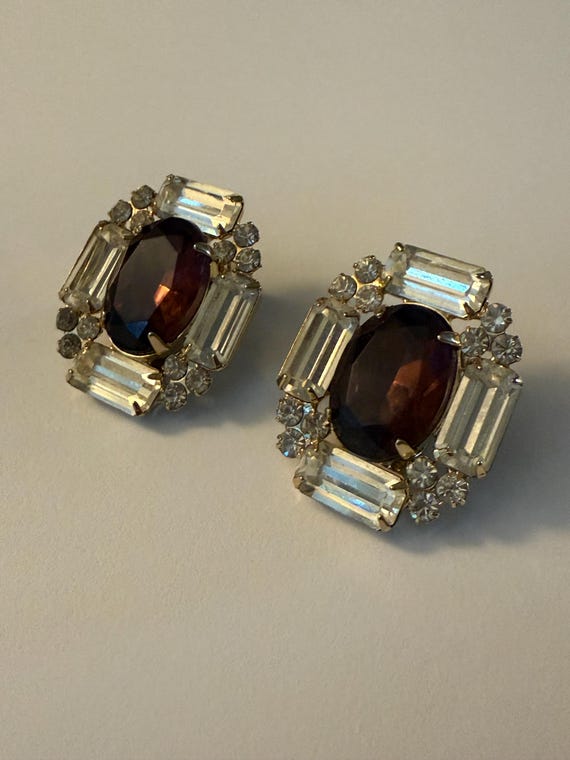 Art deco oval and rectangular rhinestone Clip on … - image 1