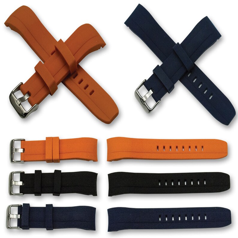 Puede incluir: Una colecci&oacute;n de correas de reloj en varios colores, incluyendo naranja, azul marino y negro. Las correas est&aacute;n hechas de un material flexible y cuentan con hebillas de acero inoxidable. La imagen muestra varias correas, algunas cruzadas y otras dispuestas individualmente.
