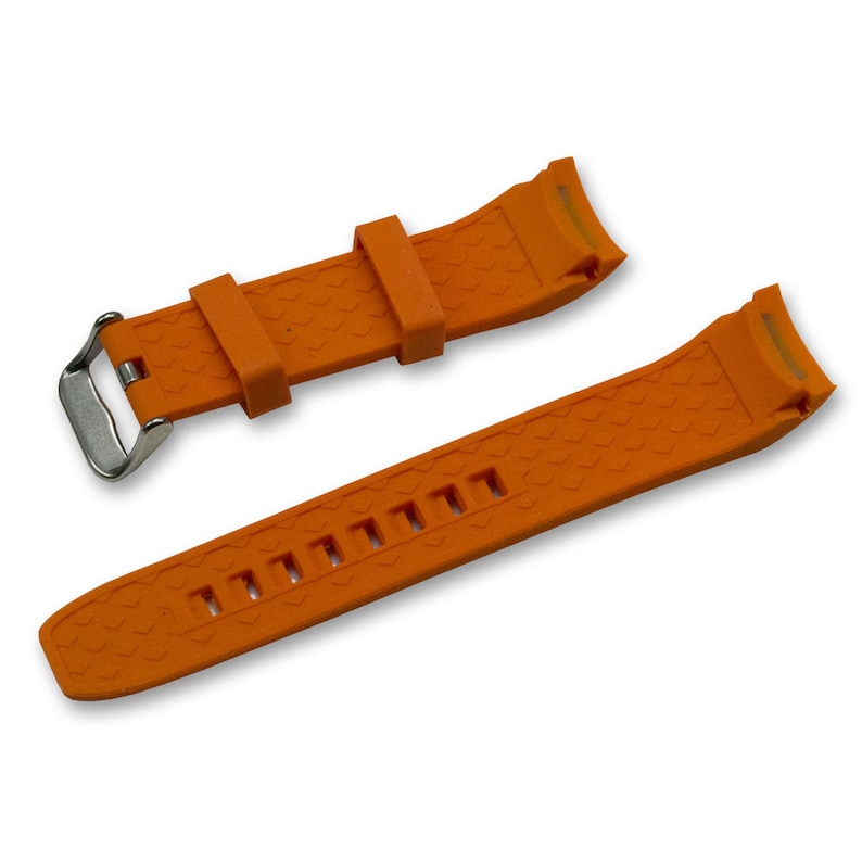 Puede incluir: Correa de reloj naranja brillante con una superficie texturizada. La correa tiene una hebilla de acero inoxidable y m&uacute;ltiples orificios de ajuste. La correa est&aacute; hecha de un material flexible.