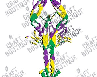May include: A purple, green, and yellow Mardi Gras themed crawfish illustration. The crawfish is in a diamond pattern.