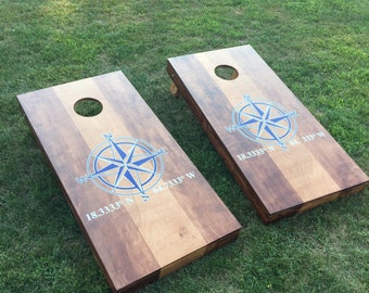 Two Toned Wood Stained Corn Hole Boards - Light & Dark Contrast with Wedding or Company Logo