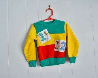 Vintage Toddler Color Blocks Crewneck. 80s 90s Green Yellow Red Bold Numbers Pattern Baby Sweater. Cotton Distressed Crewneck 90s Fashion