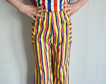 Vintage Mid Century 60s 70s NOS Kids Clothing. Children Wide Leg Capri Cotton Summer Pants. Striped Pattern Yellow Red Blue Retro MCM Capris