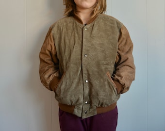 Vintage 80s Brown Suede Leather Bomber Kid Jacket. 9 Y/O Snap Sports Kids Coat. Retro Unisex Motorcycle Leather Jacket Vtg Kids Clothing