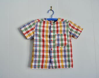 Vintage Made in France Toddler Cotton Plaid Short Sleeves Shirt. 80s Blue Red Plaid Printed Pattern Summer Shirt. 5 y/o Unisex Button Shirt.