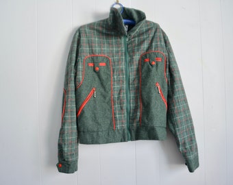 Vintage 70s Green Plaid Wool Zippered Kid Jacket. 10 Y/O Mid Century Spring Fall Kids Coat. Retro Unisex Outdoor Jacket Vtg Kids Clothing