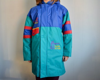 Vintage 1980's 1990's Kids Unisex Green Blue Raincoat. Retro Vinyl Kids Long Rain Jacket Size 10 y/o. 80s Hooded Insulated Kid Raincoat