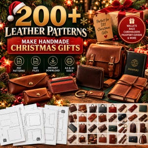 Può includere: Una collezione di articoli in pelle tra cui una borsa, un portafoglio, un porta passaporto e un portachiavi, con modelli in carta. Il testo recita 200+ LEATHER PATTERNS, MAKE HANDMADE CHRISTMAS GIFTS, PDF PATTERNS, DXF FILES, INSTANT DOWNLOAD, A4 & A1 SIZES.