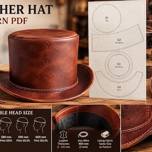 Puede incluir: Un sombrero de copa de cuero marrón con corona plana y ala curva, junto a una hoja de patrón PDF con componentes G1, G2, G3 y G4. Incluye diagramas para tallas de 560 mm a 600 mm, cuero de 2-2,5 mm de grosor y alambre de hierro de 3 mm.