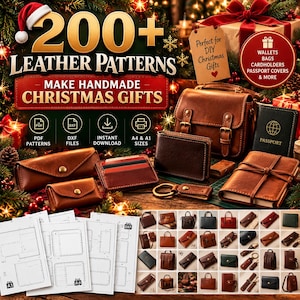 Puede incluir: Una colección digital de más de 200 patrones de cuero para regalos hechos a mano, incluyendo bolsos, carteras, tarjeteros y fundas de pasaporte de cuero marrón. Incluye archivos PDF y DXF para descarga instantánea en tamaños A4 y A1, mostrados con plantillas impresas y una cuadrícula de ejemplos.