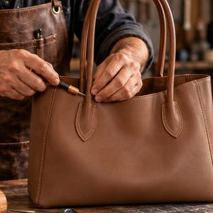 Op de afbeelding: Een gestructureerde bruine leren tas met twee hoge handvatten die zijn bevestigd met verstevigde stiksels. De tas heeft een gladde, matte afwerking en een open ontwerp, met strakke lijnen en een eenvoudige constructie voor dagelijks gebruik.
