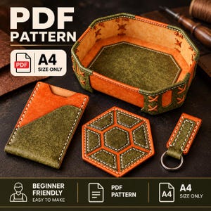May include: A leather craft set featuring an octagonal tray, a card holder, a hexagonal coaster, and a keychain, all in olive green and orange leather with visible stitching. Text includes PDF PATTERN and A4 SIZE ONLY.