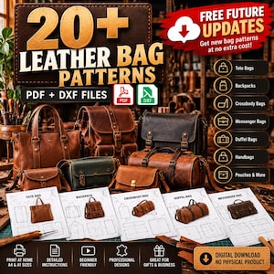 May include: A digital collection of 20+ leather bag patterns including PDF and DXF files. The image displays various finished leather bags like totes, backpacks, and duffels alongside printed paper templates with technical diagrams and instructions.