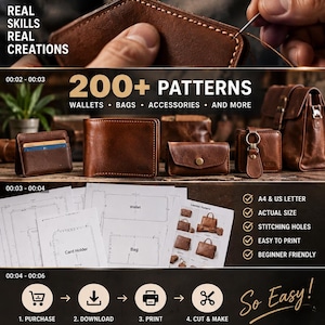 May include: A digital guide for leathercraft patterns featuring text: Turn Your Ideas Into Reality, Real Skills Real Creations, 200+ Patterns, A4 & US Letter, Easy to Print, Beginner Friendly, 1. Purchase 2. Download 3. Print 4. Cut & Make, So Easy!, Shop Now, Happy Making!.