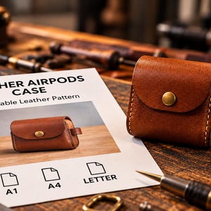 Può includere: Una custodia in pelle marrone per AirPods con chiusura a bottone automatico in ottone e cuciture a vista. Accanto si trova un documento cartaceo intitolato LEATHER AIRPODS CASE Printable Leather Pattern con icone per A1, A4 e LETTER.